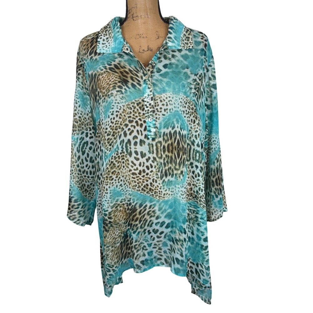 Zac & Rachel Teal Animal Print Sharkbite Hem Blouse Artsy Cruise Plus Size 2X